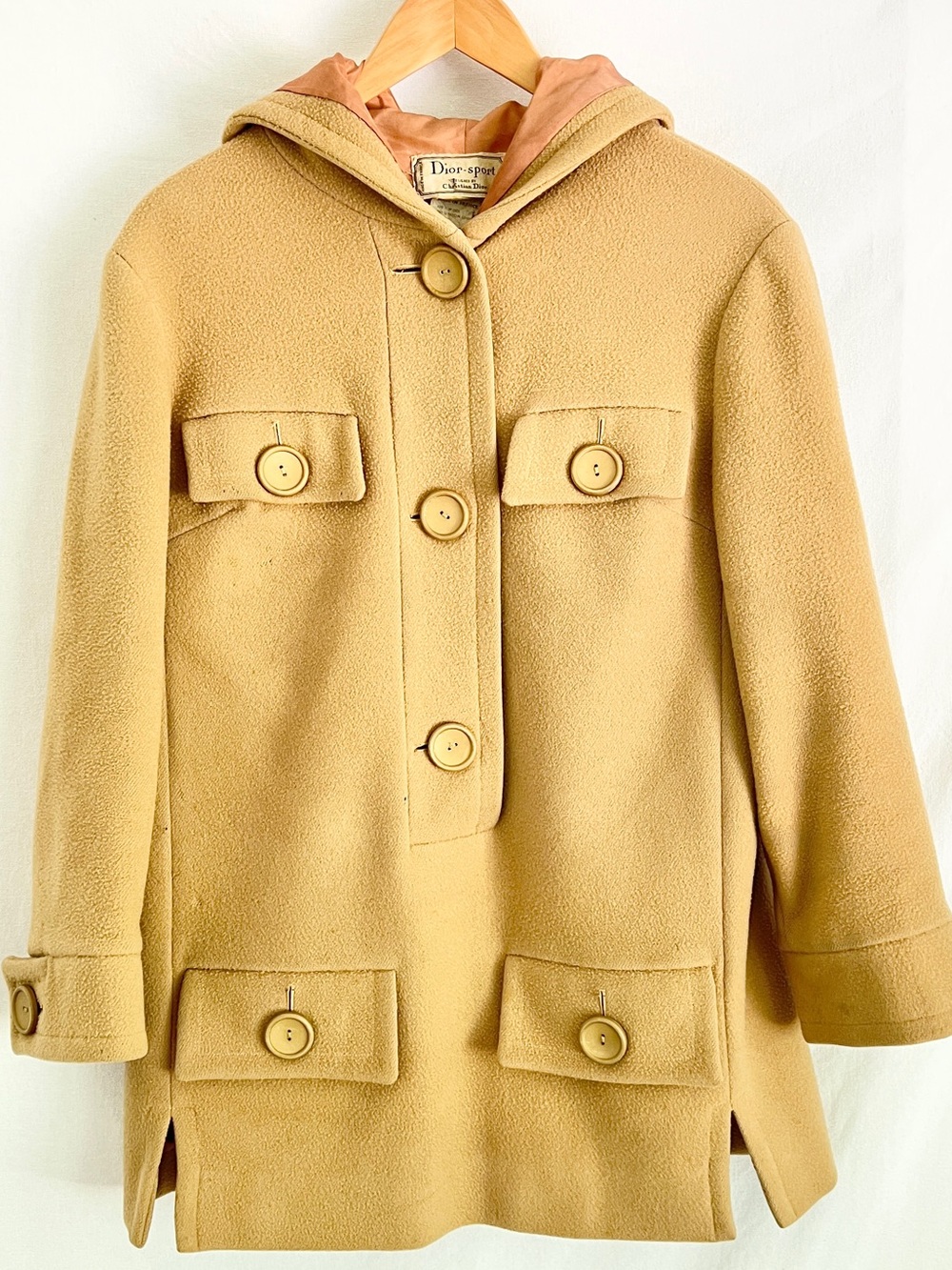 60s Christian Dior Camel Wool Hooded Tunic Coat Archival Mod Vintage
